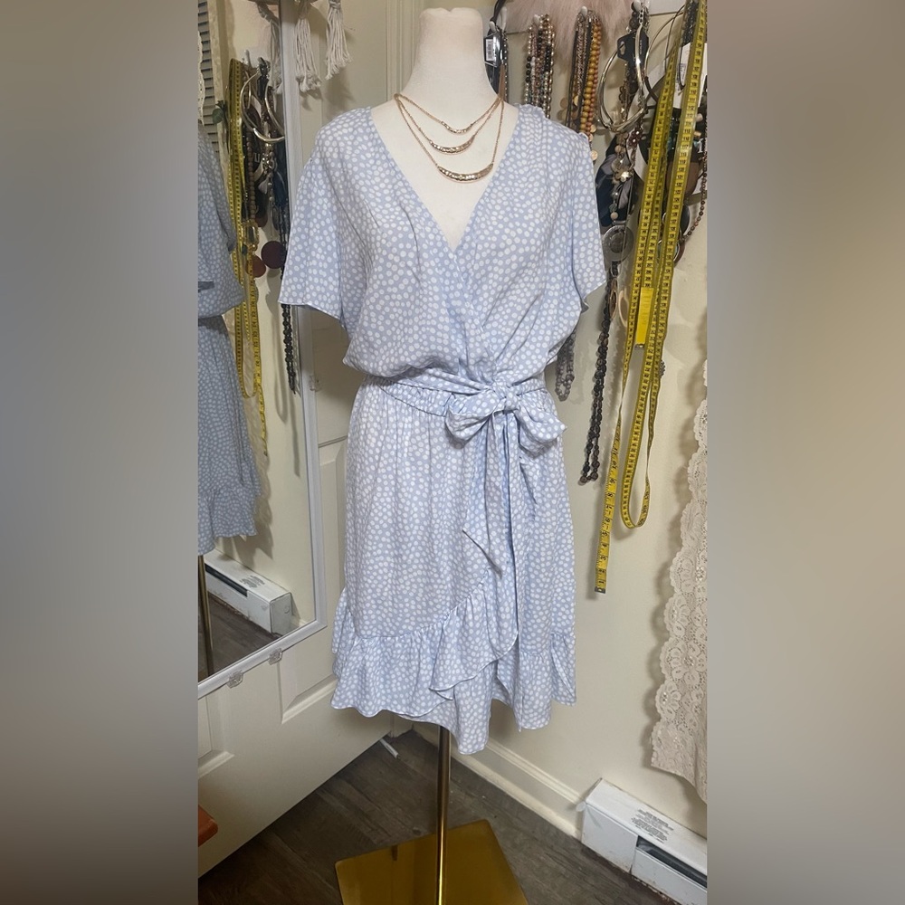 Elegant Blue Polka Dot faux Wrap Dress